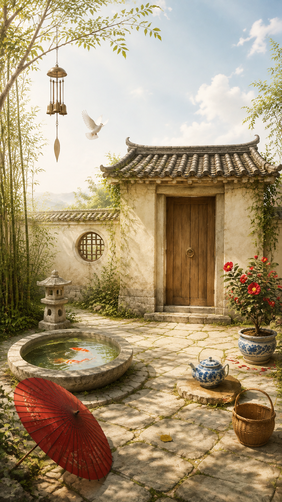 明亮庭院里，风铃、白鸽、纸伞、茶壶、锦鲤、山茶和一扇门彼此错落